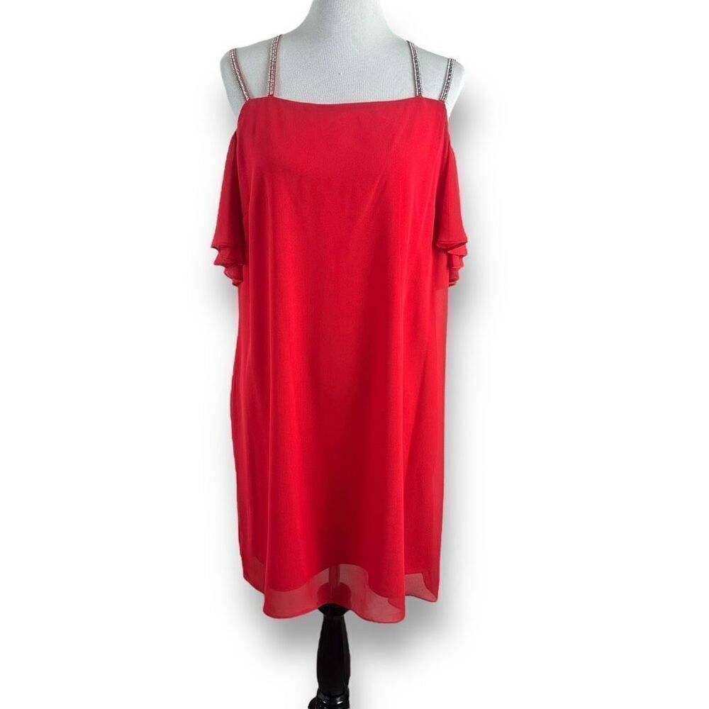 MSK Women's 12 Rhinestone‎ Beaded Strap Off Shoulder Chiffon Party Dress Red